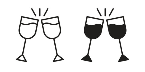 Wine toast icon in a black stroke vector design and flat solid version on white background