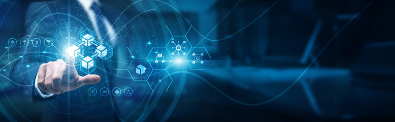 Crypto developers hand-touch the ledger blockchain protocol, smart contracts tokens...