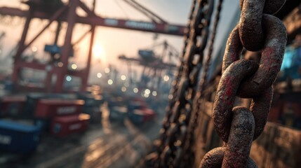 Naklejka premium Rusty chain links at a port at sunrise. Blurred industrial background