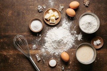 Baking ingredients arranged on table