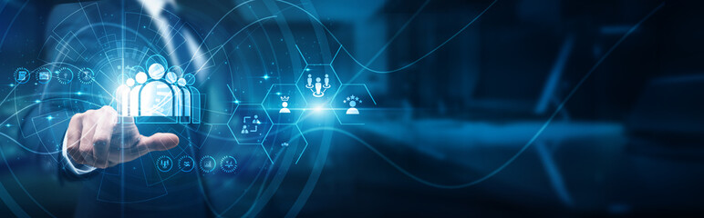 CRM specialist hand touches dashboard. CRM solution, customer relationships engagement pipeline...