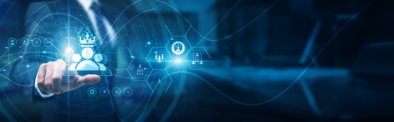 The executive leader's hand touches the panel of the leadership strategy board, vision direction innovation culture team building decision-making influence development performance transformation.