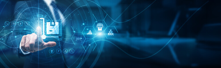 The logistics coordinator's hand touches the map logistics control panel, tracking shipments inventory routes warehouse automation fleet visibility supply chain optimization, and delivery planning.