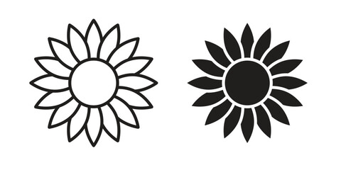 Sunflower icon in a black stroke vector design and flat solid version on white background