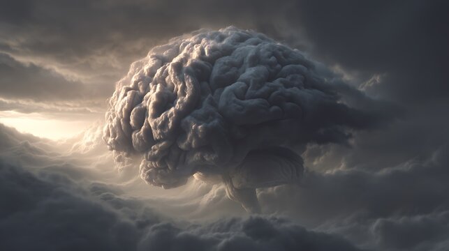 a brain shrouded in dense, dark storm clouds floating in a surreal sky, metaphor of overthinking and pressure, symbolic atmospheric art 