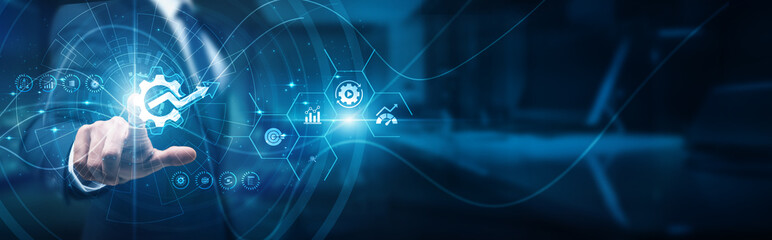 Operations manager hand touch chart productivity analytics panel, workflow efficiency performance optimization time management goals KPIs automation output improvement strategy.