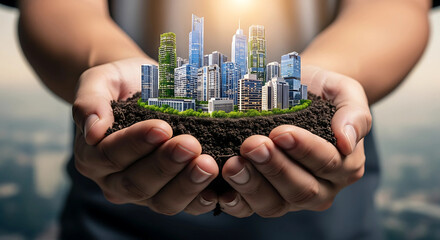 Hands gently holding a miniature city growing from soil, representing sustainable urban development and a commitment to a greener future