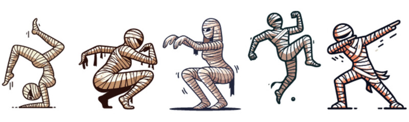 Five mummies in various dynamic poses, showcasing flexibility and modern dance moves, including a handstand, squat, and dab.