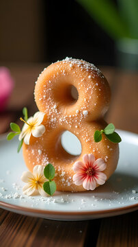 Cake in the shape of the number eight for the spring holiday. March 8. Cake with decor of pink, delicate flowers. Mimosa, magnolia. Spring sun. Dessert and flowers on a dark background. Space for text