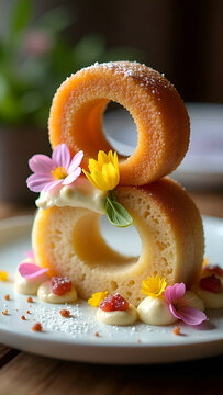 Cake in the shape of the number eight for the spring holiday. March 8. Cake with decor of pink, delicate flowers. Tulip, magnolia. Spring sun. Dessert and flowers on a dark background. Space for text