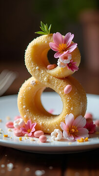 Cake in the shape of the number eight for the spring holiday. March 8. Cake with decor of pink, delicate flowers. Mimosa, magnolia. Spring sun. Dessert and flowers on a dark background. Space for text
