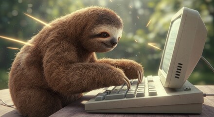 Sloth efficiently types on retro computer, embodying speed in a slow-motion world