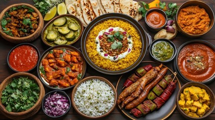 Fototapeta premium Colorful Array of Traditional Dishes Served on a Wooden Table