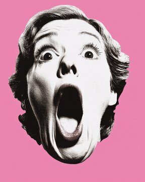 Retro Pop Art Woman's Surprised Expression Against Pink Background