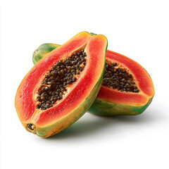 Ripe papaya with cut in half isolated on white background.