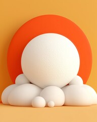 Abstract Minimalist Composition with Orange Circle and White Spheres on Yellow Background