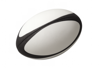 Photorealistic 3d rendering showing white-black rugby ball rotating, isolated against transparent background
