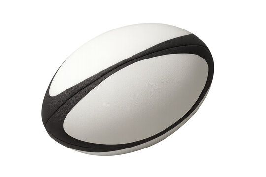 Photorealistic 3d rendering showing white-black rugby ball rotating, isolated against transparent background