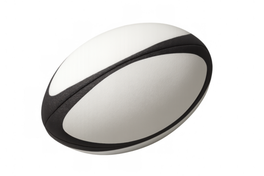 Photorealistic 3d rendering showing white-black rugby ball rotating, isolated against transparent background