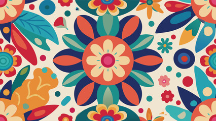 Fototapeta premium Colorful floral seamless pattern with vibrant flowers and whimsical shapes design elements