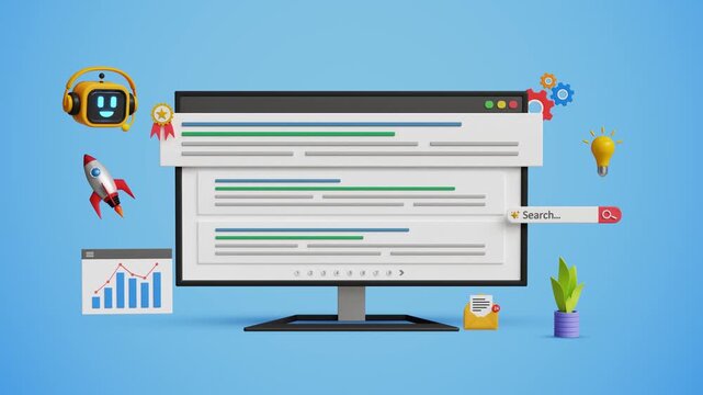 SEO optimization for search result, AI SEO, promote website, organic search results. Boost web traffic with help of AI. 3D computer with top search ranking, AI bot, marketing icons. 4K 3D animation