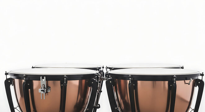 A symmetrical view of four timpani drums with copper bowls and white drumheads on a white background ai generated - Powered by Adobe
