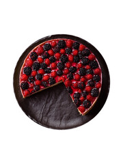Pie, cheesecake with raspberries and blackberries, mascarpone cheese. Piece of cheesecake