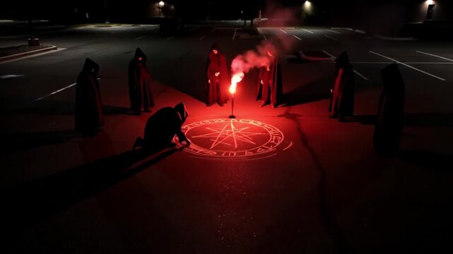 A group of people pray In lights in the night