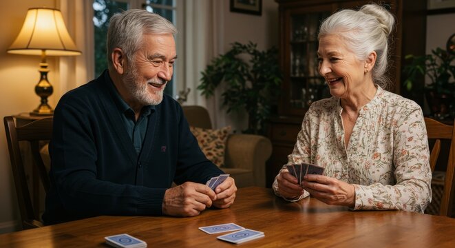 Smiling senior couple enjoys a card game together at home showcasing their enduring bond