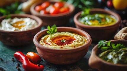 Colorful Assortment of Traditional Dips and Spreads in Bowls