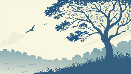 Tranquil landscape depicting a large tree silhouette with flying birds in a peaceful scene