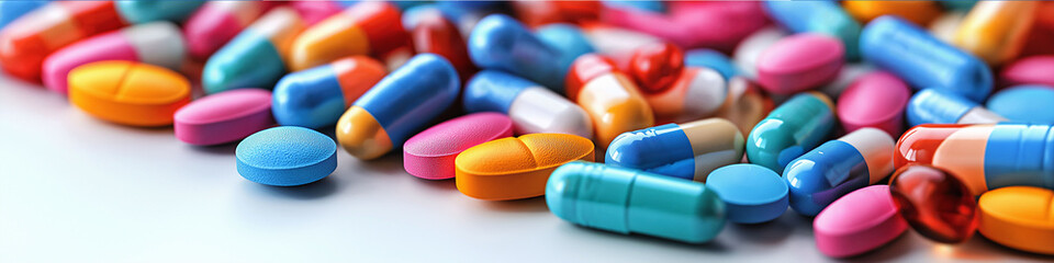 A colorful assortment of pills and capsules are scattered across a white surface