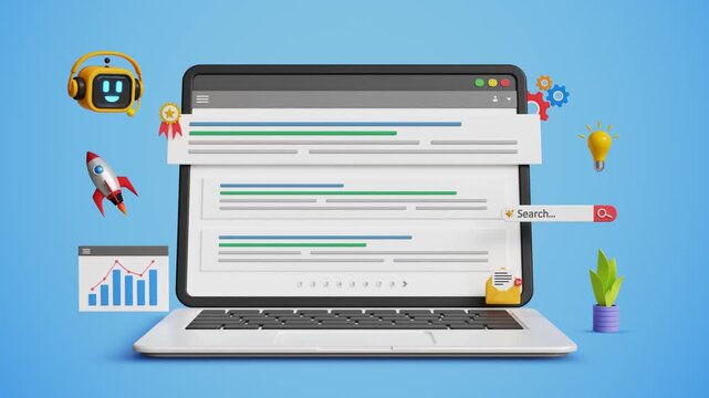 SEO optimization for search result, AI SEO, promote website, organic search results. Boost web traffic with help of AI. 3D laptop with top search ranking, AI bot, marketing icons. 4K 3D animation