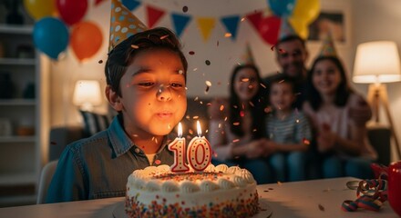 Boy blows out candles on his tenth birthday cake, surrounded by family celebrating.