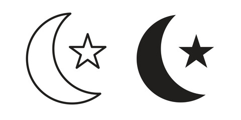 Moon and star icon in a black stroke vector design and flat solid version on white background
