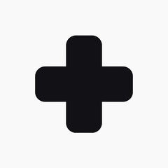 A simple black cross icon on a white background representing healthcare, medical, or a plus symbol