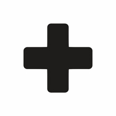 Minimalist black plus sign icon with rounded corners. A simple flat vector graphic for mathematical addition, positive concepts, or medical cross symbol.