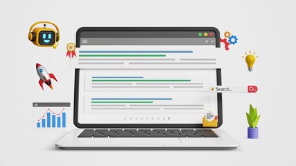 Search engine optimization, AI-powered SEO strategies, promote website, organic traffic with automation tools. Top search rankings, AI bot, strategic digital marketing on laptop. 4K 3D animation