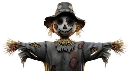 Close up of a scarecrow with black hat and straw hair on a white background facing forward ai generated