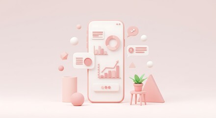 3D Render of Smartphone with Business Data and Plant Showing Investment and Growth in Pink Tone