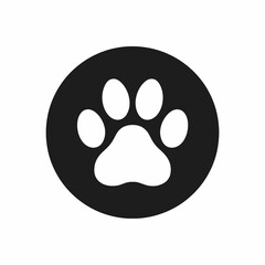A minimalist white animal paw print icon inside a black circle. A simple vector symbol for pets, dogs, or cats, isolated on a white background.