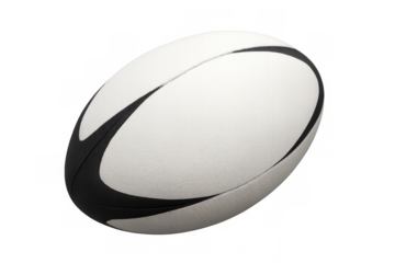 White rugby ball with black markings rotating on a transparent background, perfect for sports-related projects