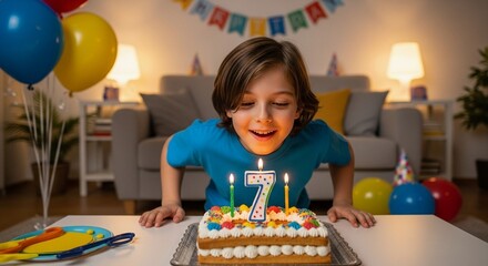 A boy blows out the candles on his 7th birthday cake, celebrating his 7th birthday at home.