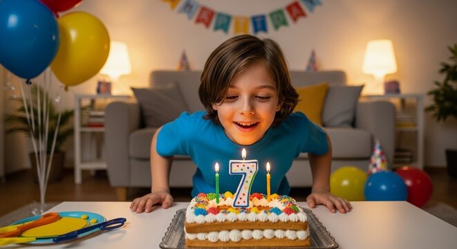 A boy blows out the candles on his 7th birthday cake, celebrating his 7th birthday at home.