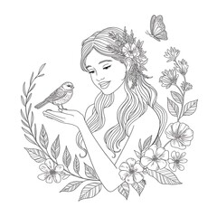 Beautiful woman with a bird surrounded by floral wreath, a coloring page design.