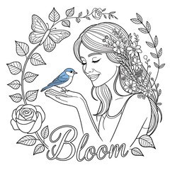 Beautiful woman with a bird surrounded by floral wreath, a coloring page design.
