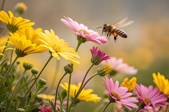 A bee on yellow daisy flower, macro. - Powered by Adobe