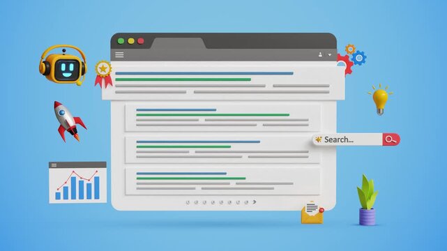 SEO optimization for search result, AI SEO, promote website, organic search results. Boost web traffic with help of AI. Top search ranking, AI bot and digital marketing icons. 4K 3D animation