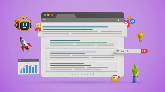 SEO, search engine optimization, boost website ranking, search analysis, digital marketing strategies, search ranking automation tools. Top AI search ranking result and marketing icon. 4K 3D animation