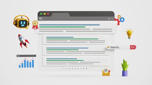 Search engine optimization, AI-powered SEO strategies, promote website, organic traffic with automation tools. Top search rankings, AI bot and strategic digital marketing. 4K 3D animation